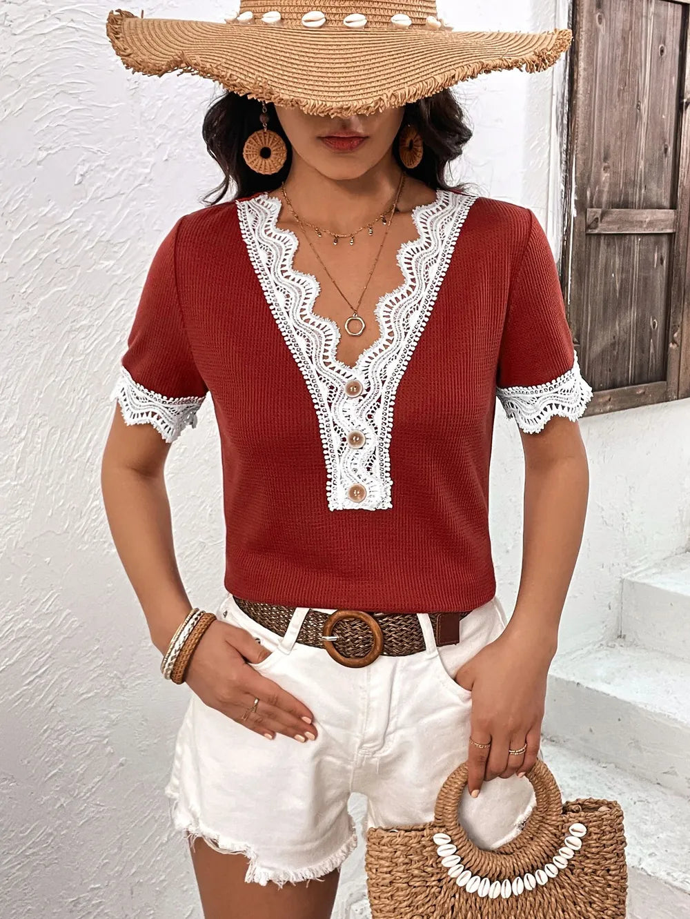 Decorative Button Spliced Lace Short Sleeve Top