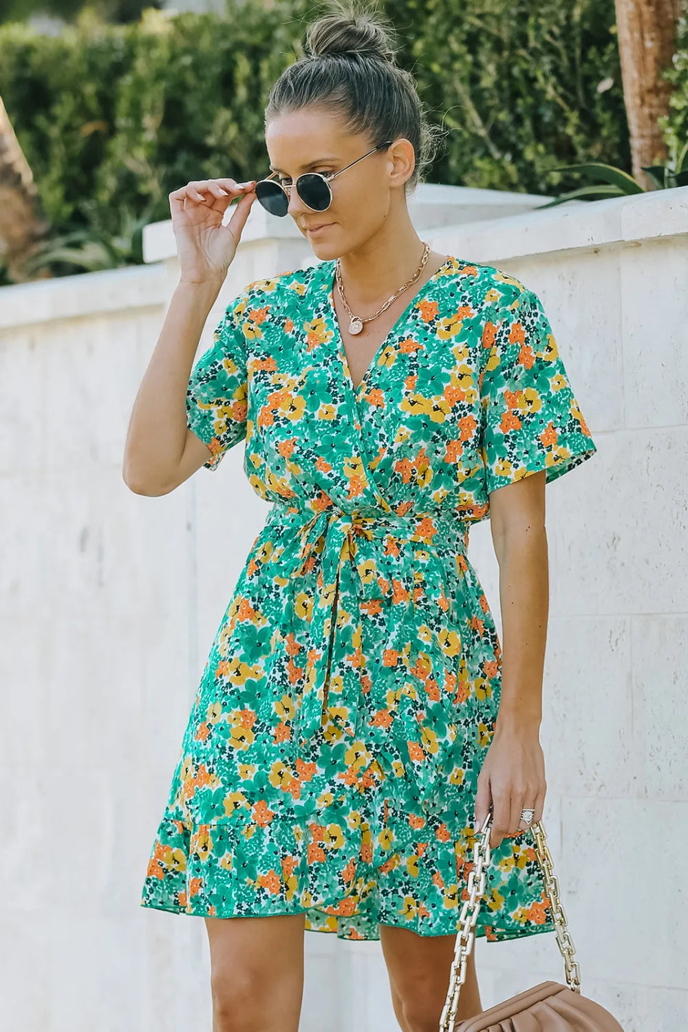 Floral Tie Waist Surplice Mini Dress