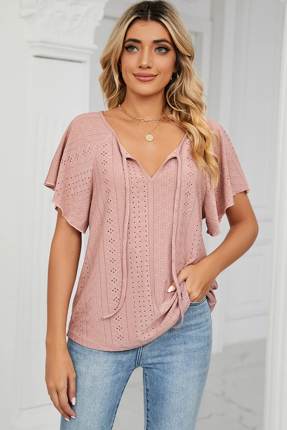 Eyelet Tie Neck Flutter Sleeve Blouse