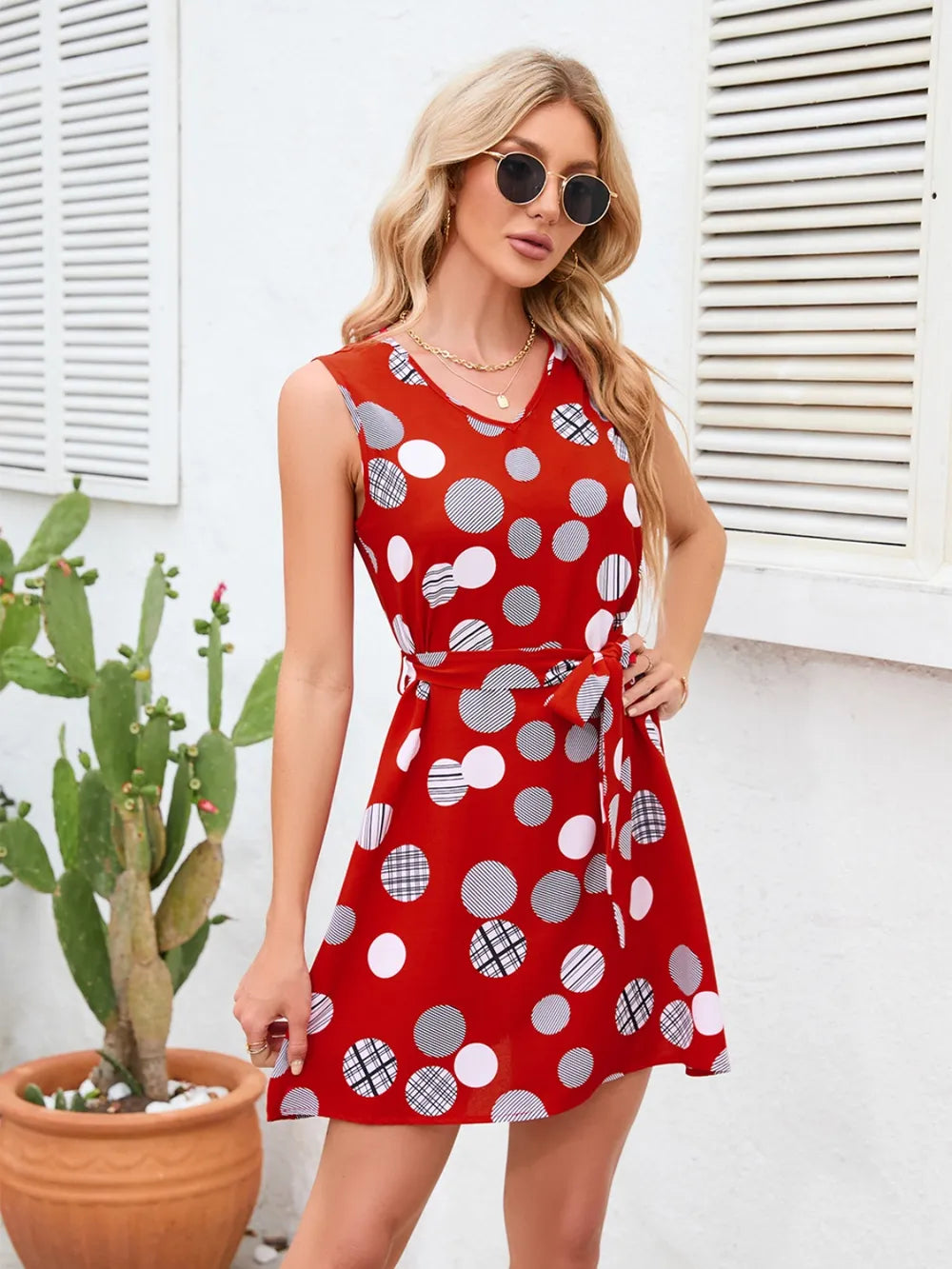 Tied Polka Dot V-Neck Dress