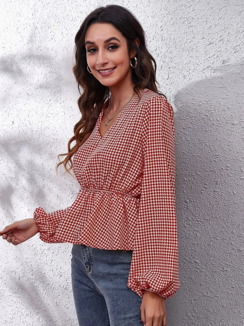 Ruched Printed V-Neck Long Sleeve Blouse