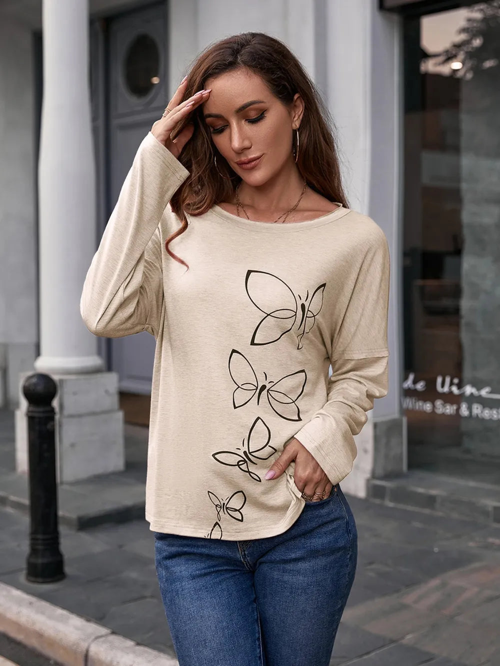 Butterfly Round Neck Dropped Shoulder Blouse