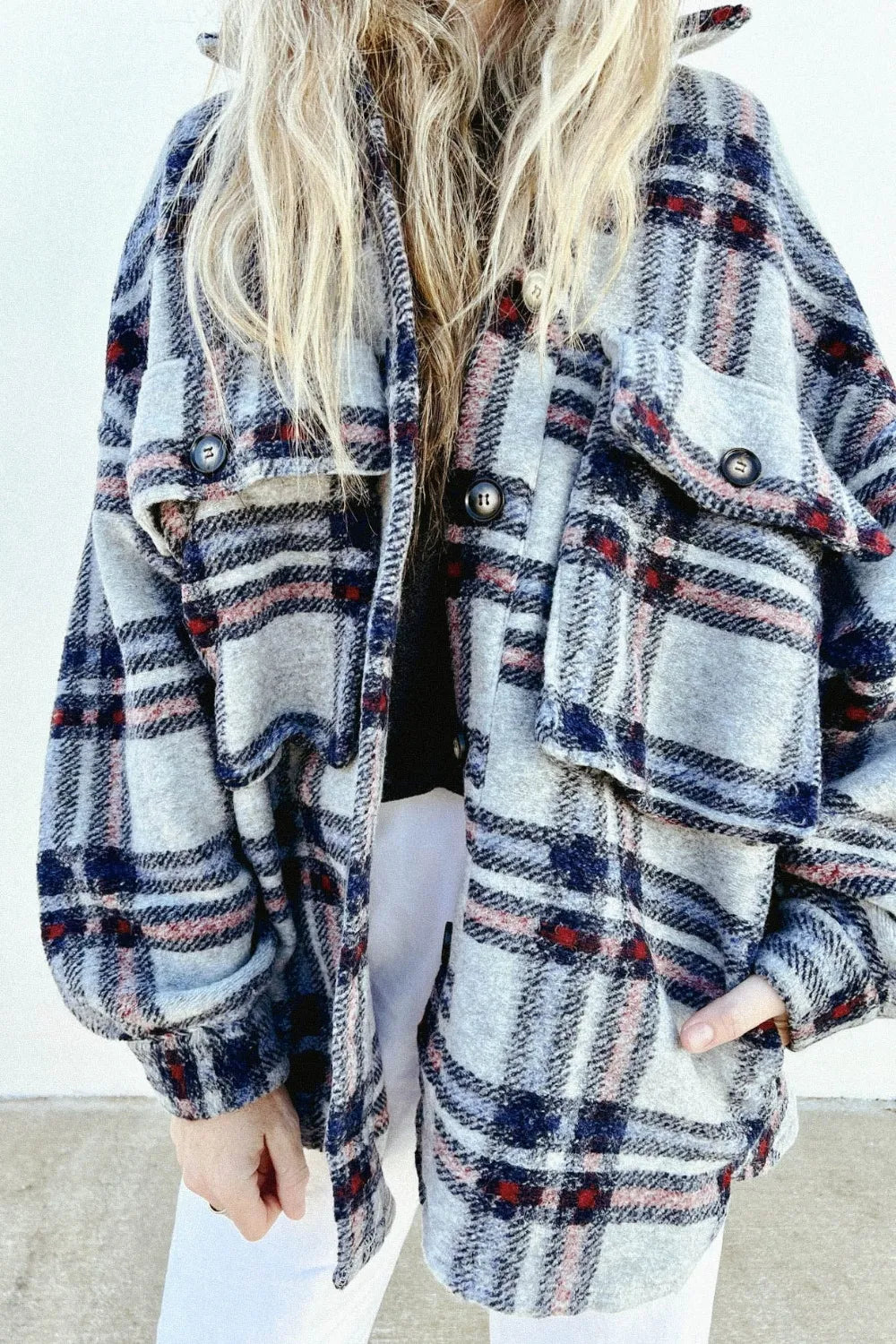 Pocketed Plaid Dropped Shoulder Coat