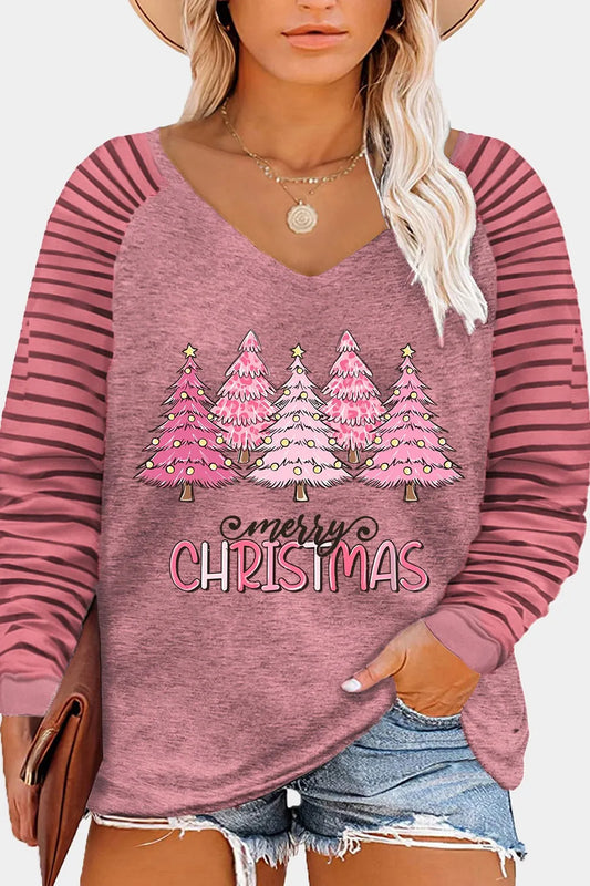 Plus Size MERRY CHRISTMAS Striped Long Sleeve T-Shirt