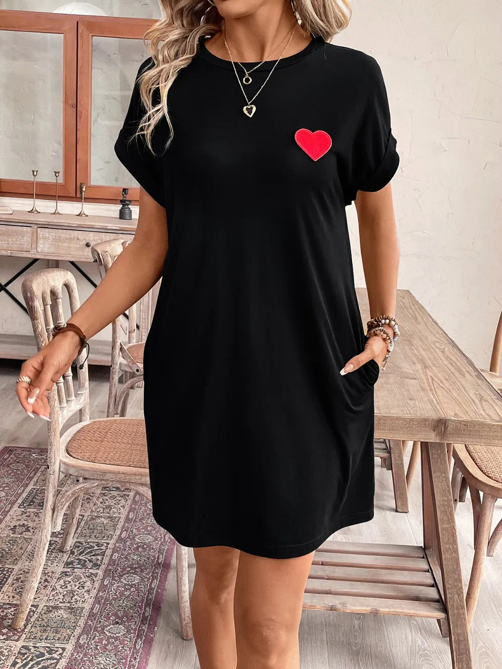 Heart Round Neck Short Sleeve Mini Tee Dress