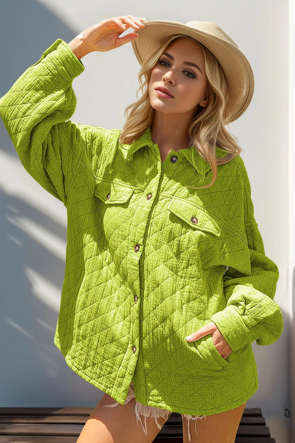 Double Take Full Size Button Up Quilted Shacket