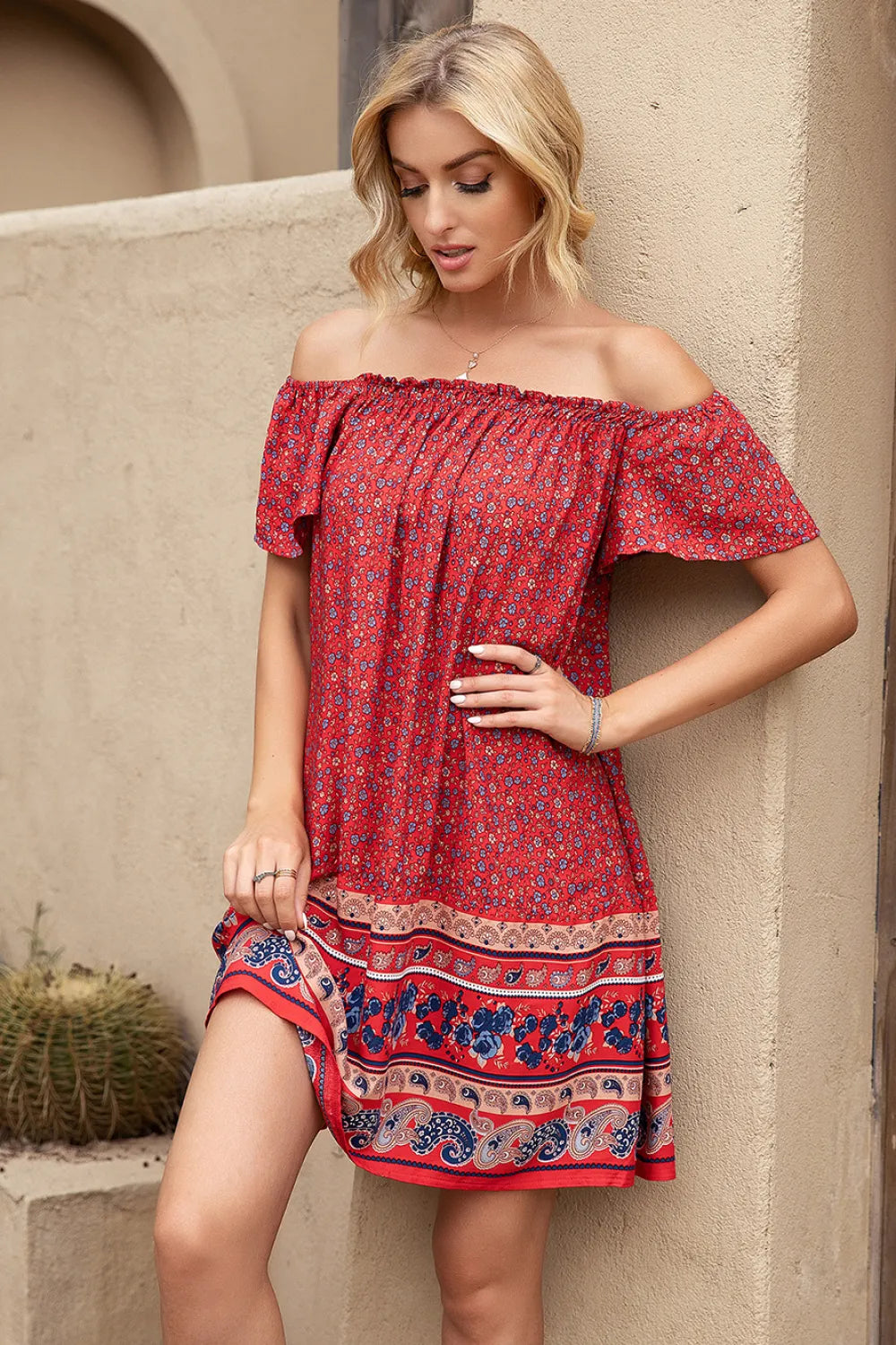 Paisley Print Off Shoulder Dress