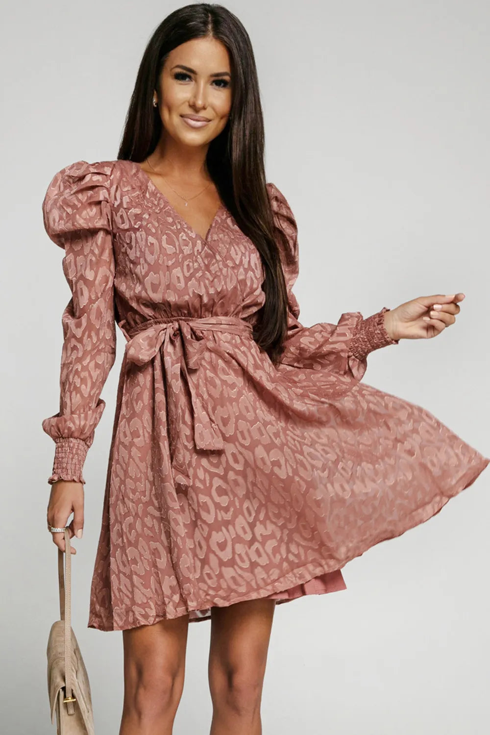 Leopard Belted Puff Sleeve V-Neck Dress