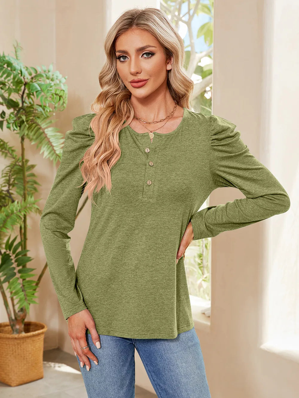 Buttoned Round Neck Puff Sleeve T-Shirt