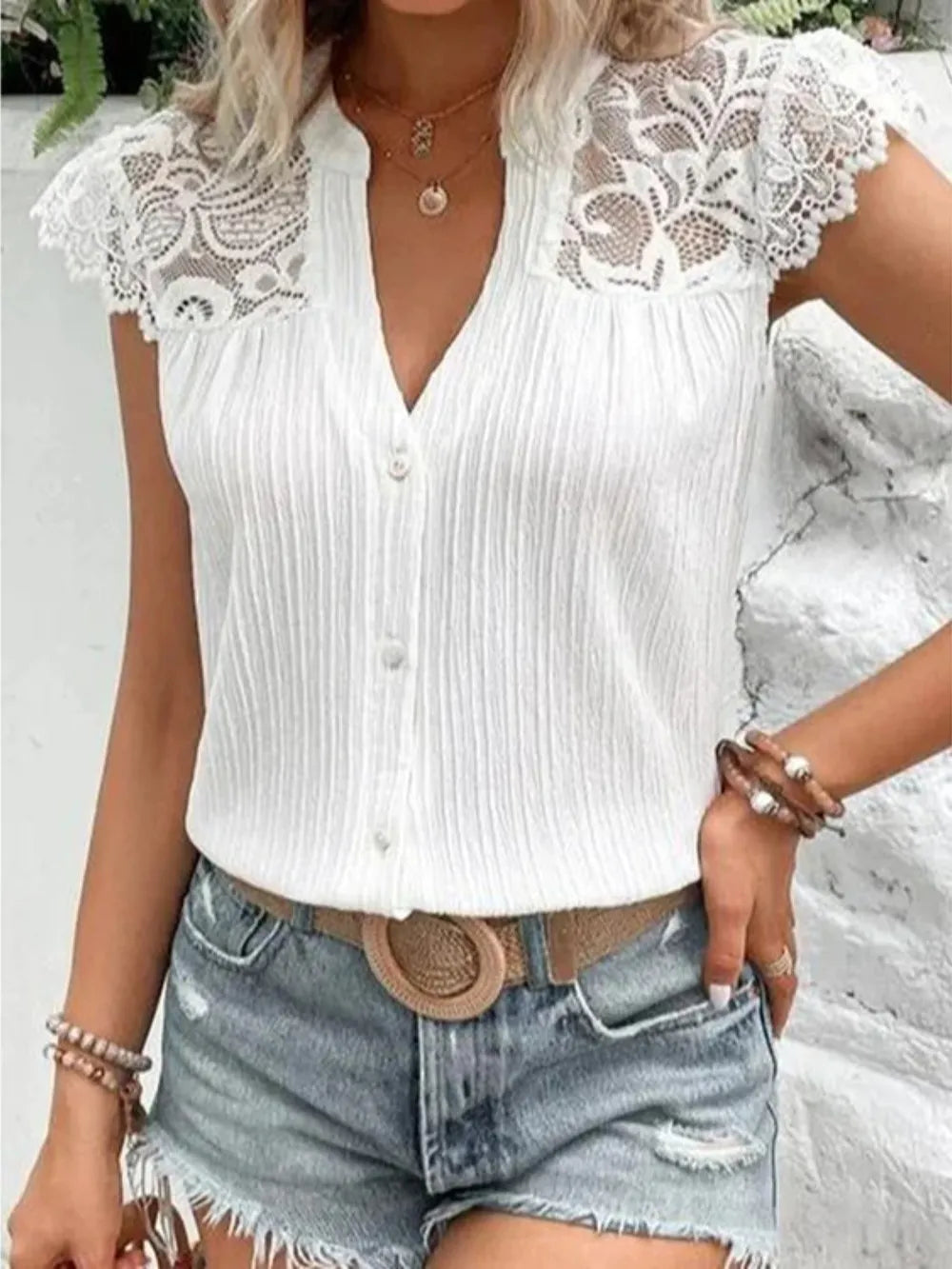 Lace Detail Notched Cap Sleeve Blouse