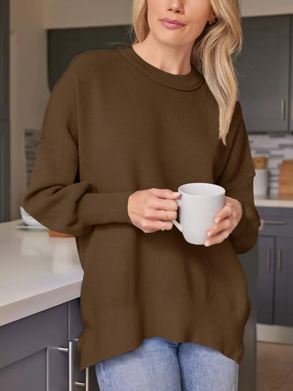 Slit Round Neck Dropped Shoulder Sweater