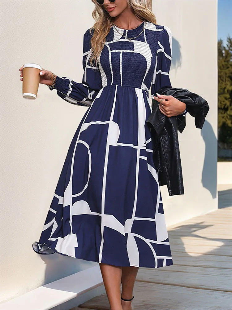 Smocked Color Block Long Sleeve Midi Dress