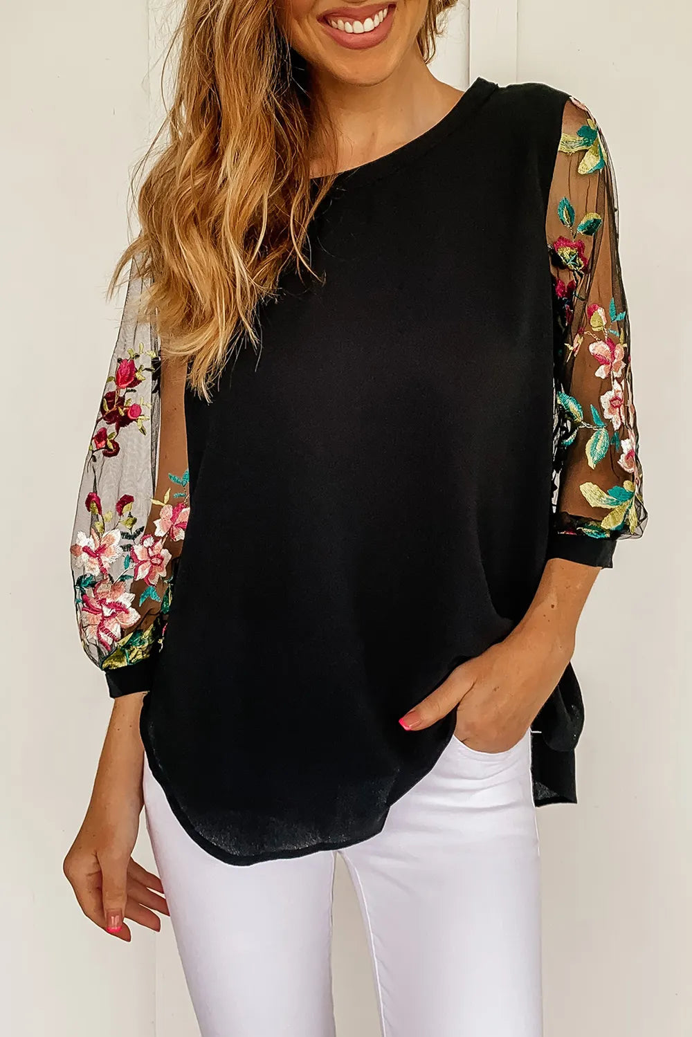 Embroidered Round Neck Three-Quarter Sleeve T-Shirt