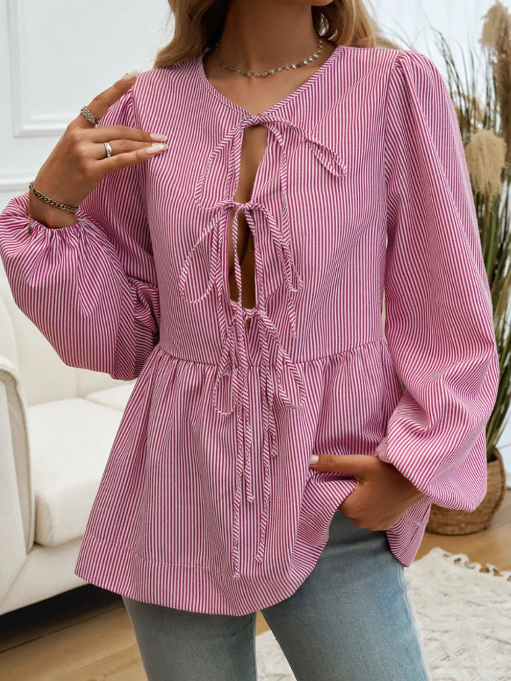 Tied Striped Long Sleeve Blouse