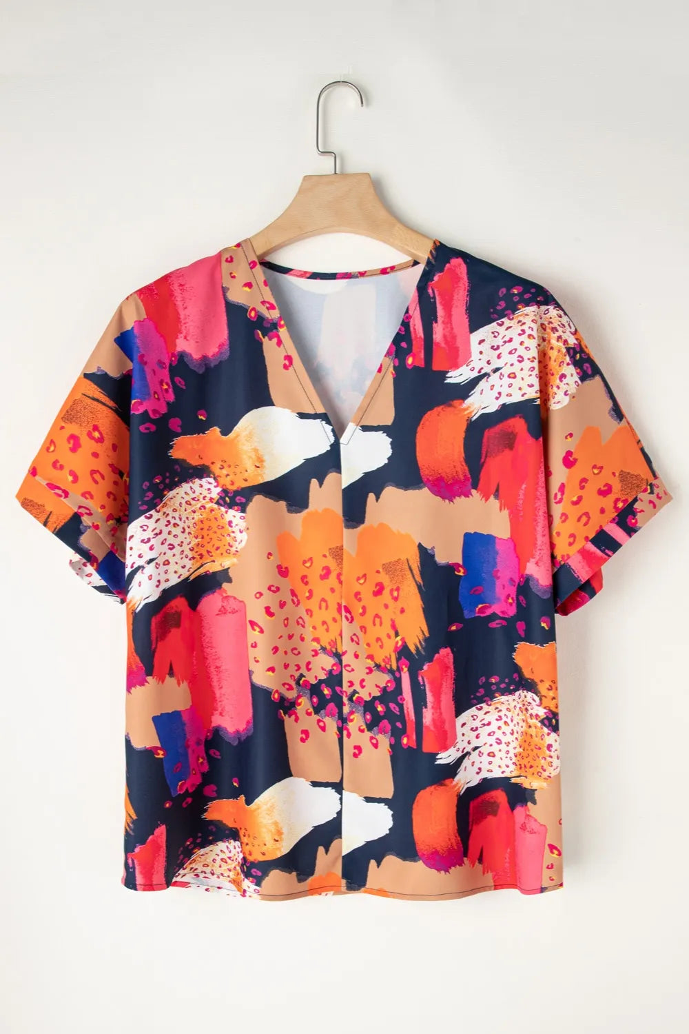 Plus Size Printed V-Neck Short Sleeve Blouse