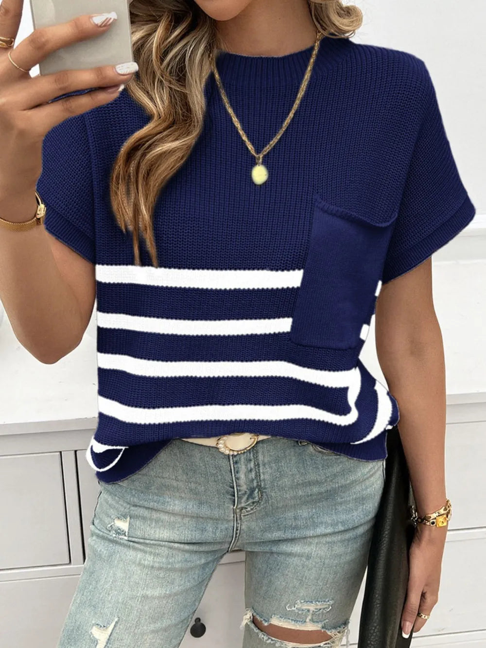 Striped Round Neck Short Sleeve Sweater