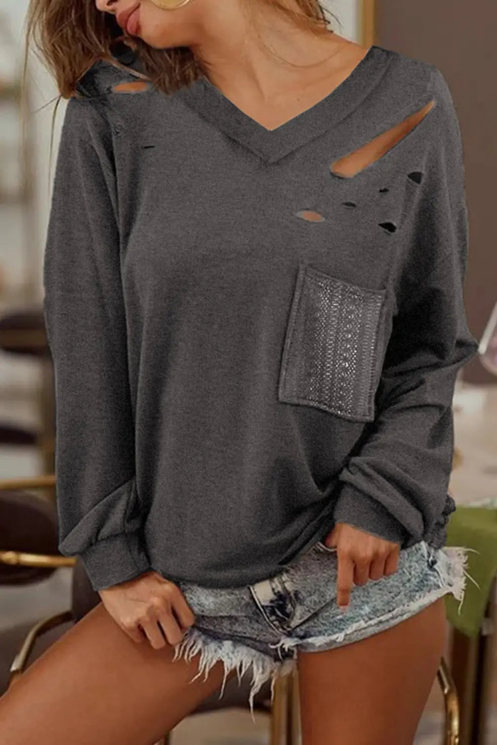 Distressed V-Neck Long Sleeve T-Shirt With Pockets