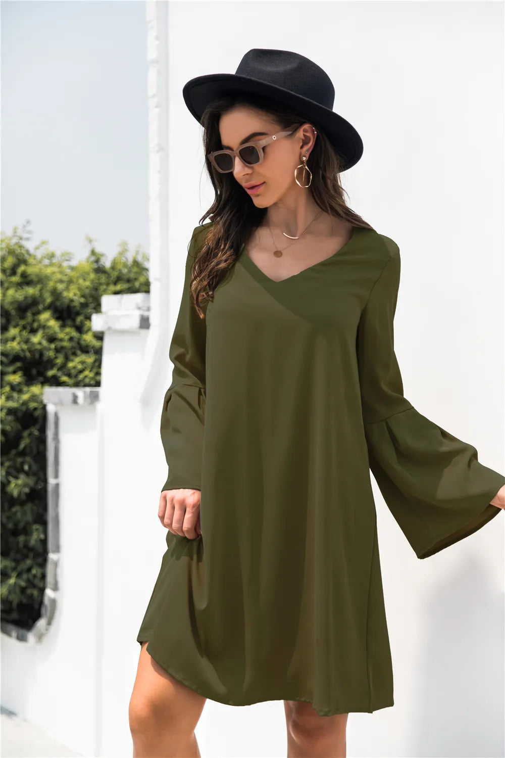 Trumpet Sleeve V Neck Dress