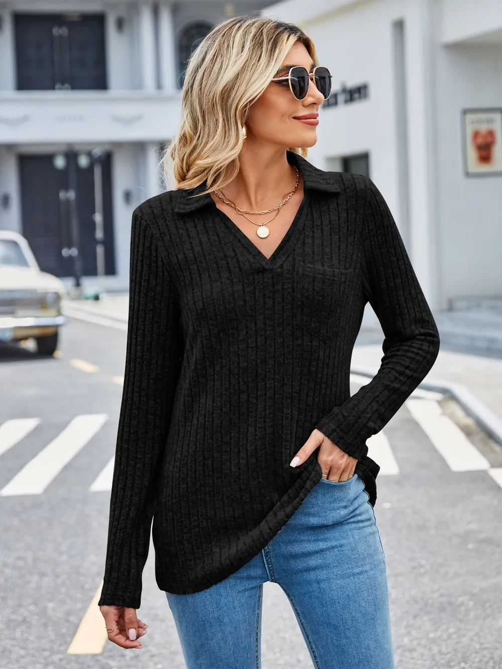 Ribbed Notched Long Sleeve T-Shirt with Pocket