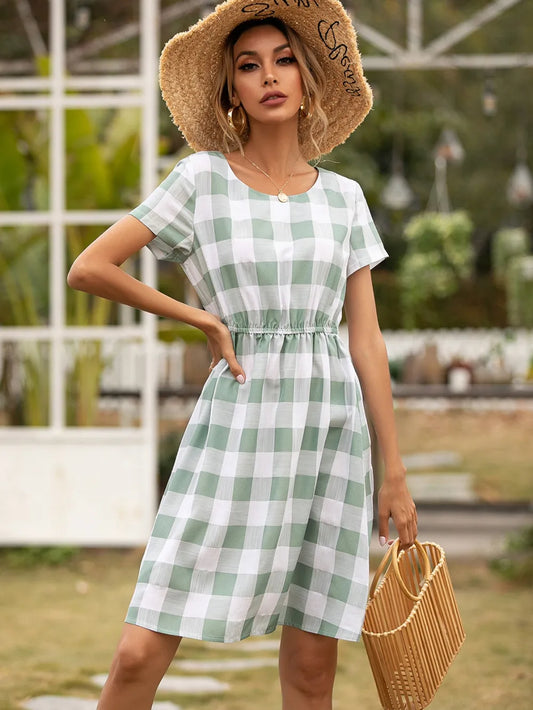 Smocked Plaid Round Neck Short Sleeve Dress