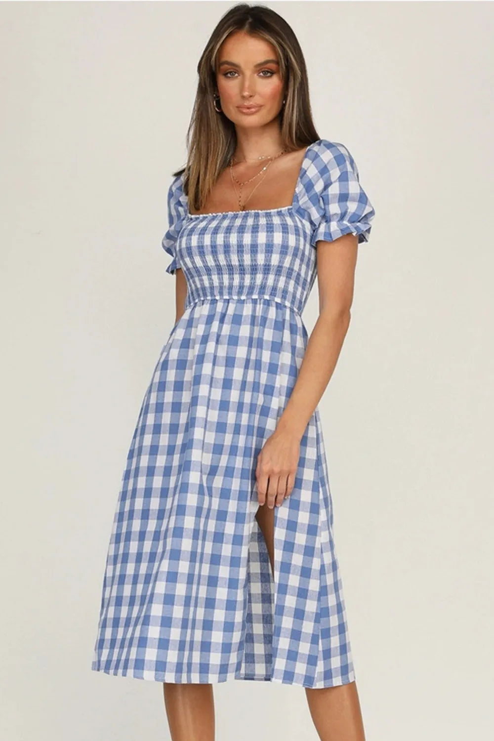 Full Size Slit Plaid Short Sleeve Midi Dress