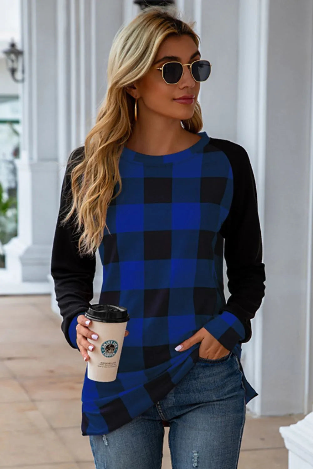 Plaid Round Neck Long Sleeve T-Shirt