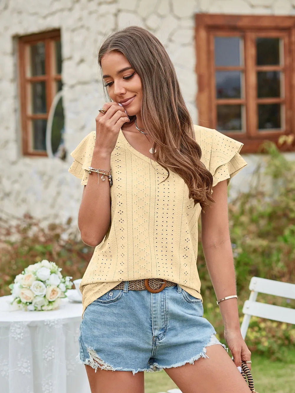 Eyelet V-Neck Short Sleeve Blouse