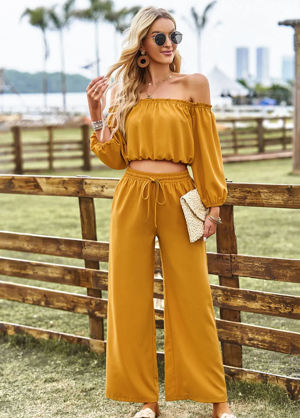 Off-Shoulder Blouse and Drawstring Waist Pants Set