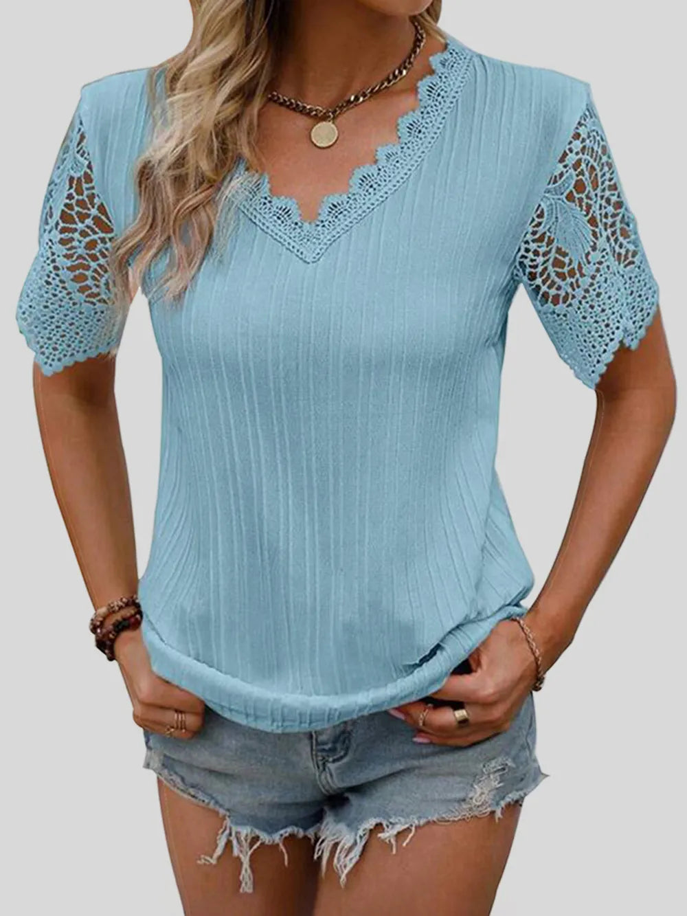 Lace Detail V-Neck Short Sleeve Blouse