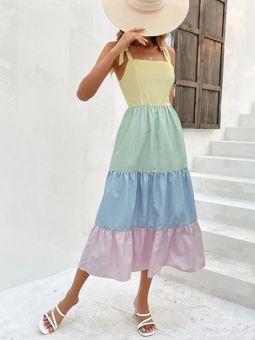 Color Block Tie-Shoulder Tiered Midi Dress