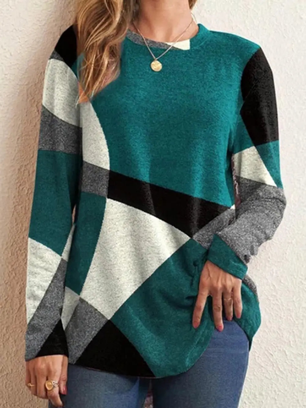 Color Block Round Neck Long Sleeve T-Shirt