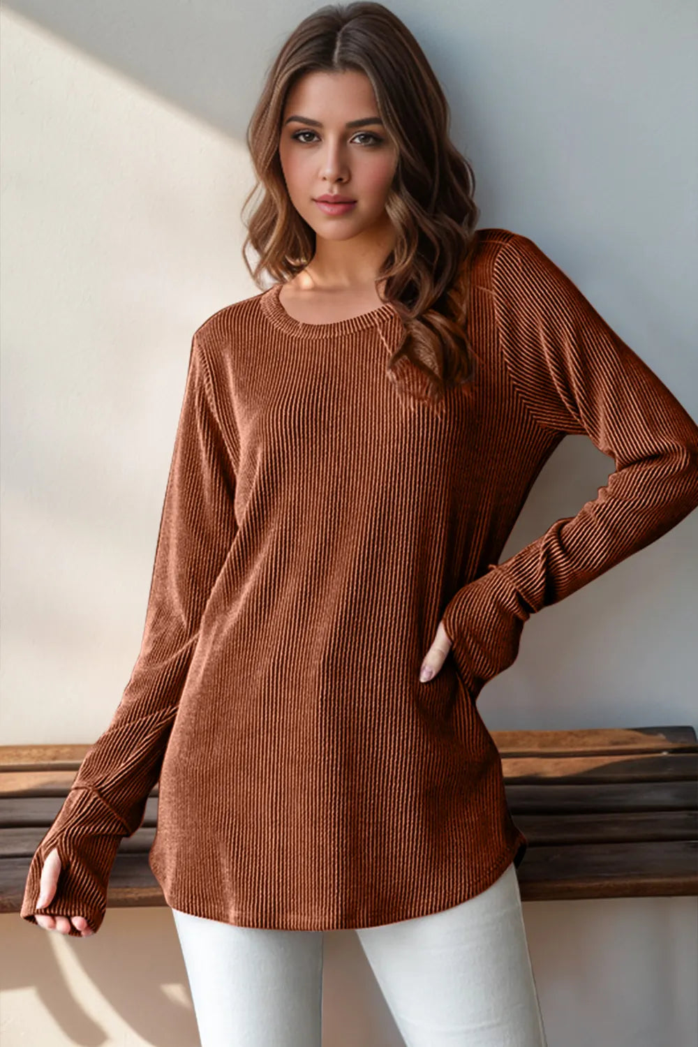 Double Take Full Size Round Neck Thumbhole Long Sleeve T-Shirt