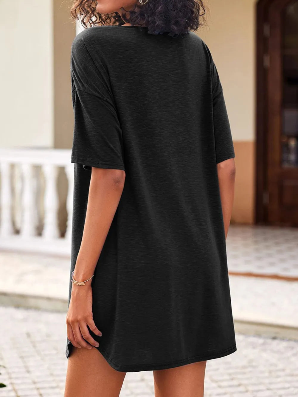 Pocketed V-Neck Short Sleeve Tee Dress