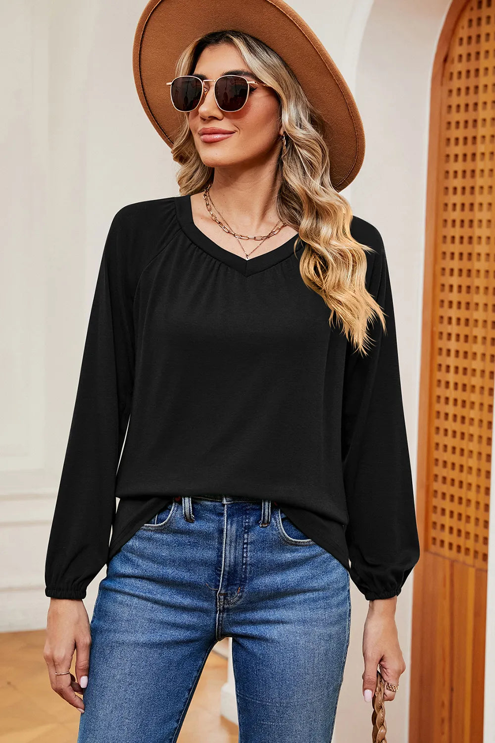 Ruched V-Neck Raglan Sleeve T-Shirt