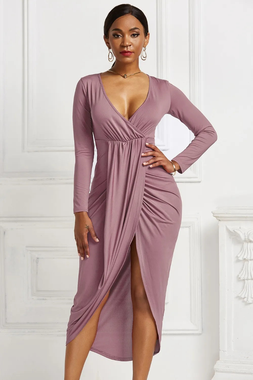 High-low Ruched Surplice Long Sleeve Dress