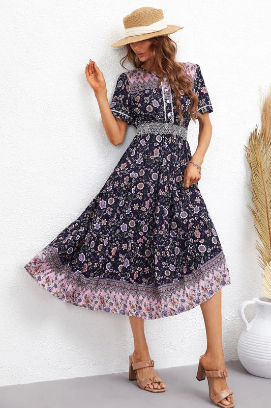 Bohemian V-Neck Short Sleeve Midi Dress