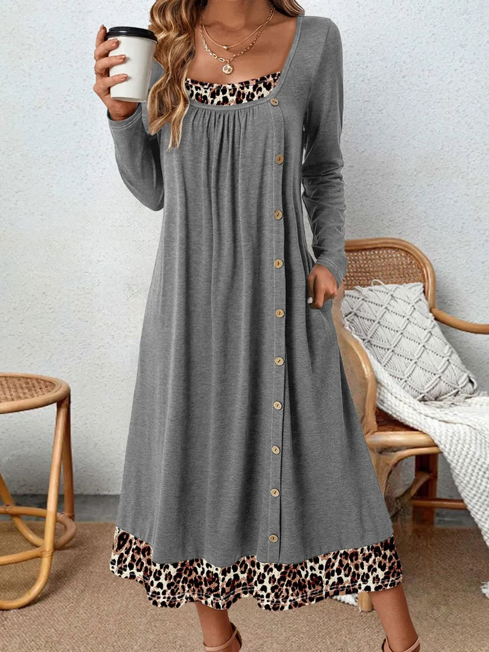 Plus Size Leopard Decorative Button Dress