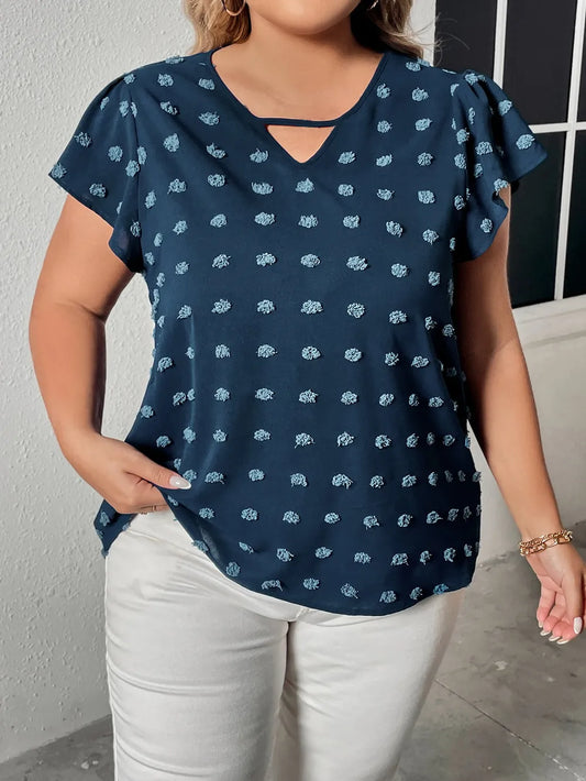 Plus Size Swiss Dot V-Neck Flutter Sleeve Tee