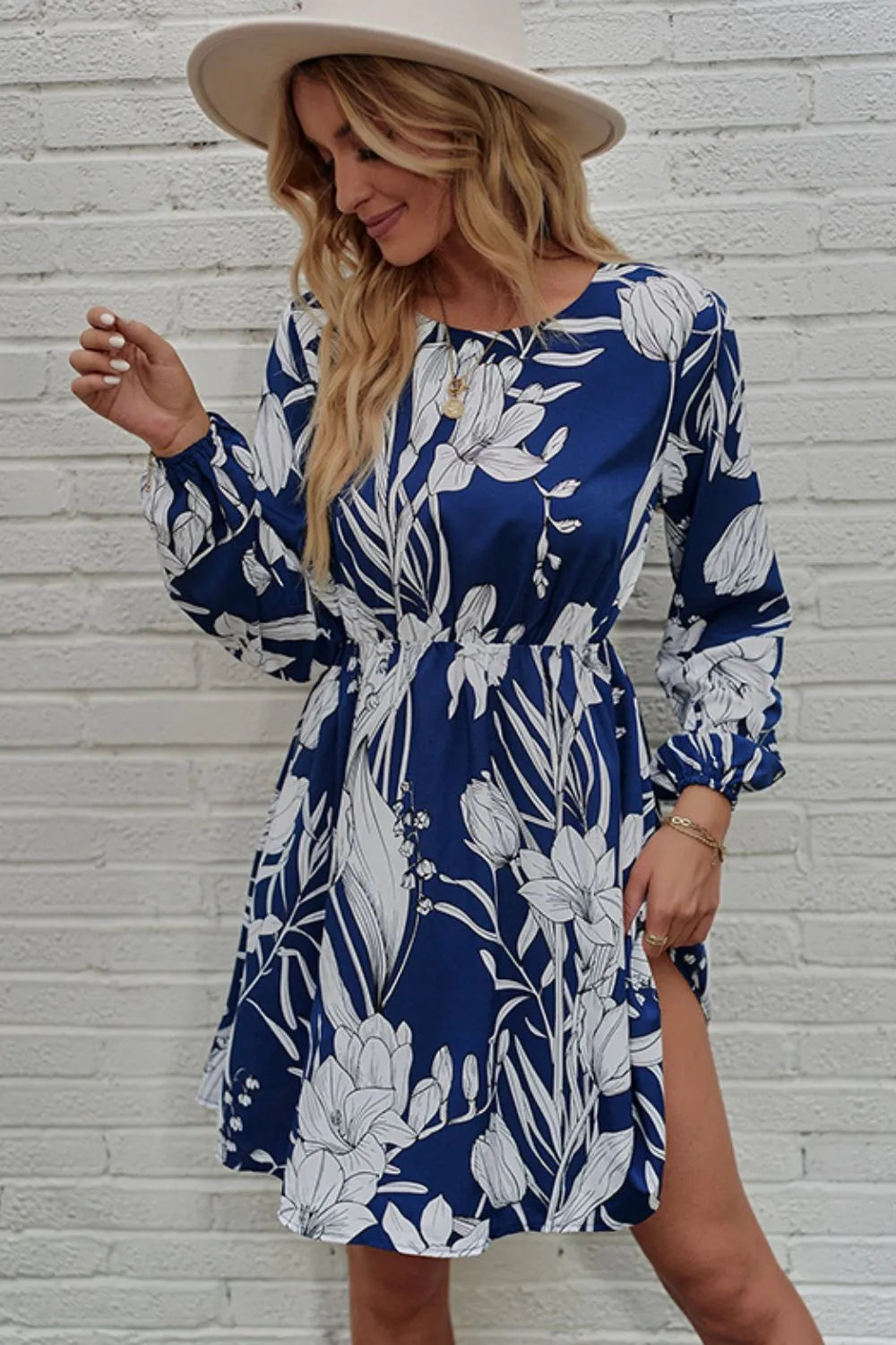 Floral Round Neck Balloon Sleeve Mini Dress