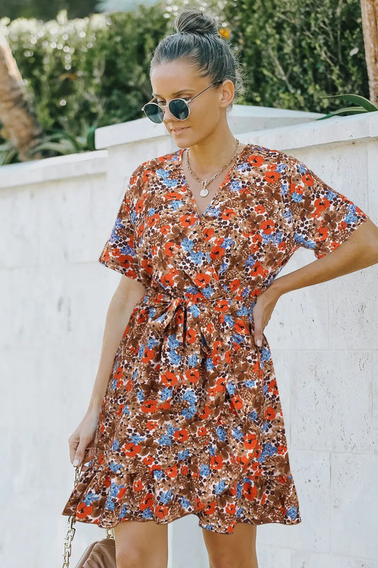 Floral Tie Waist Surplice Mini Dress