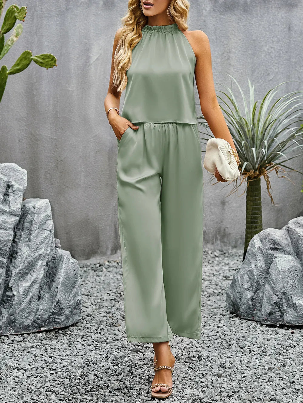 Grecian Neck Sleeveless Pocketed Top and Pants Set