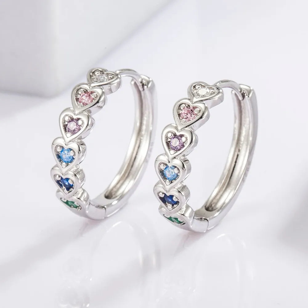 925 Sterling Silver Inlaid Zircon Heart Huggie Earrings