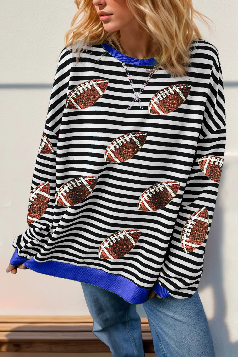 Double Take Full Size Football Sequin Striped T-Shirt