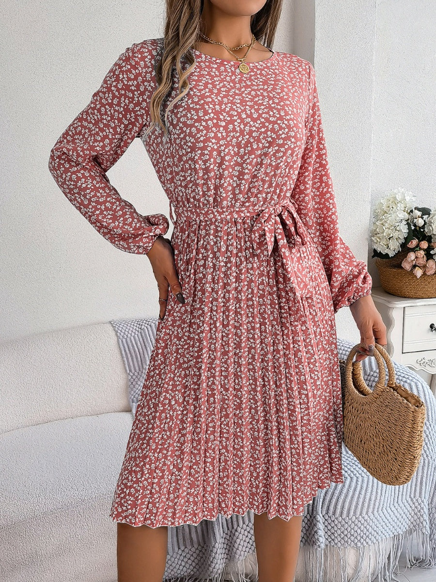 Ditsy Floral Tie Waist Pleated Dress