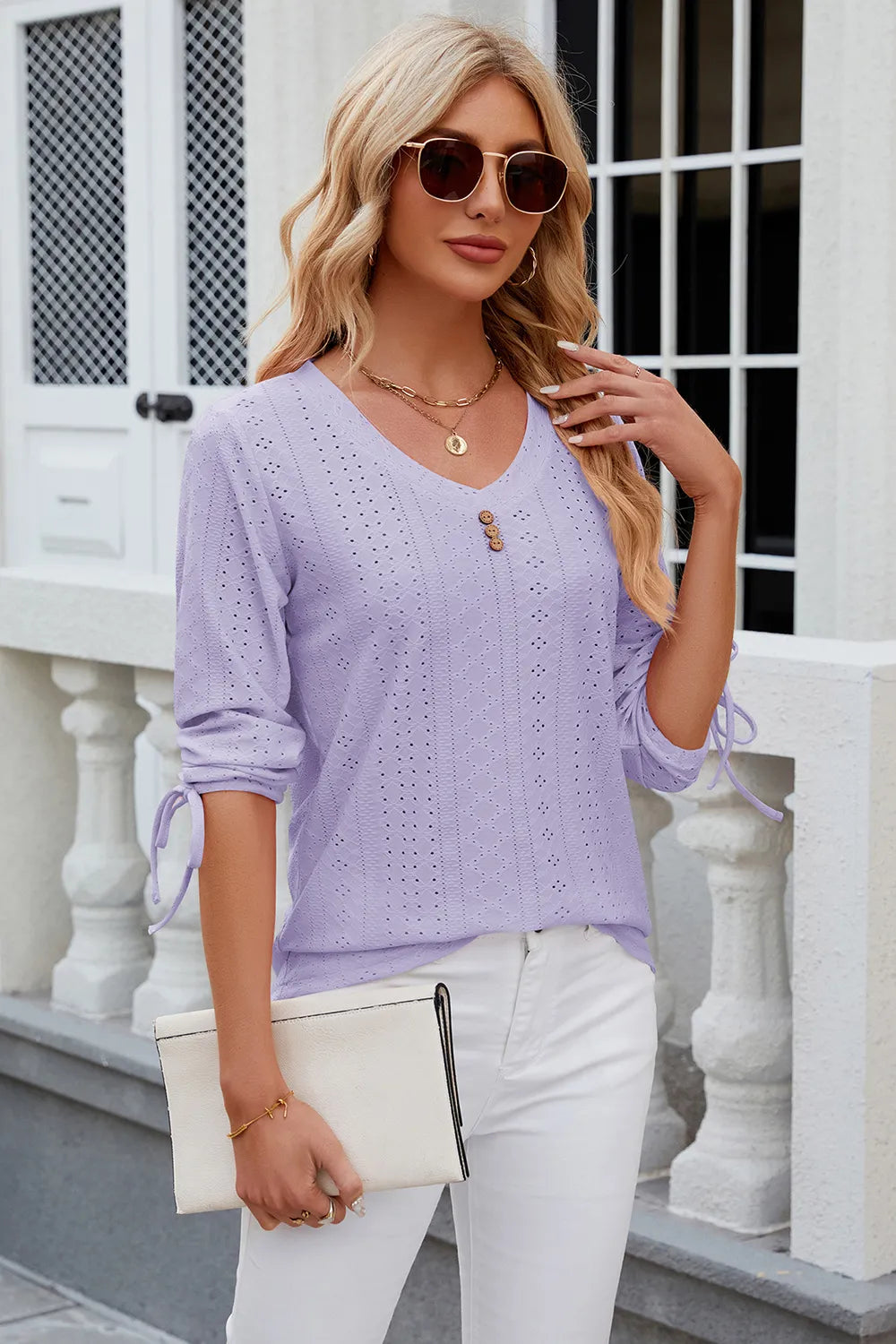 Eyelet Drawstring V-Neck Half Sleeve T-Shirt