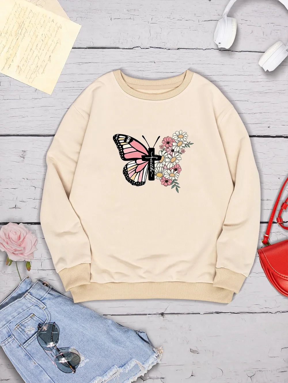 Butterfly Round Neck Dropped Shoulder Sweatshirt