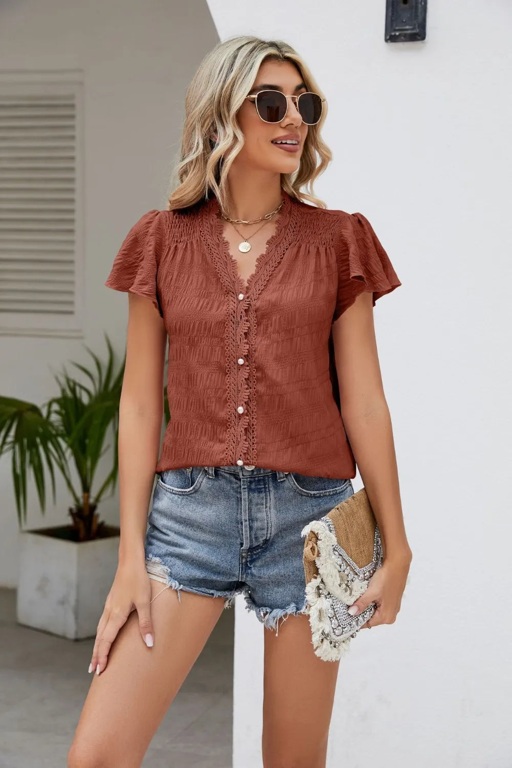 Ruffled V-Neck Button Up Cap Sleeve T-Shirt