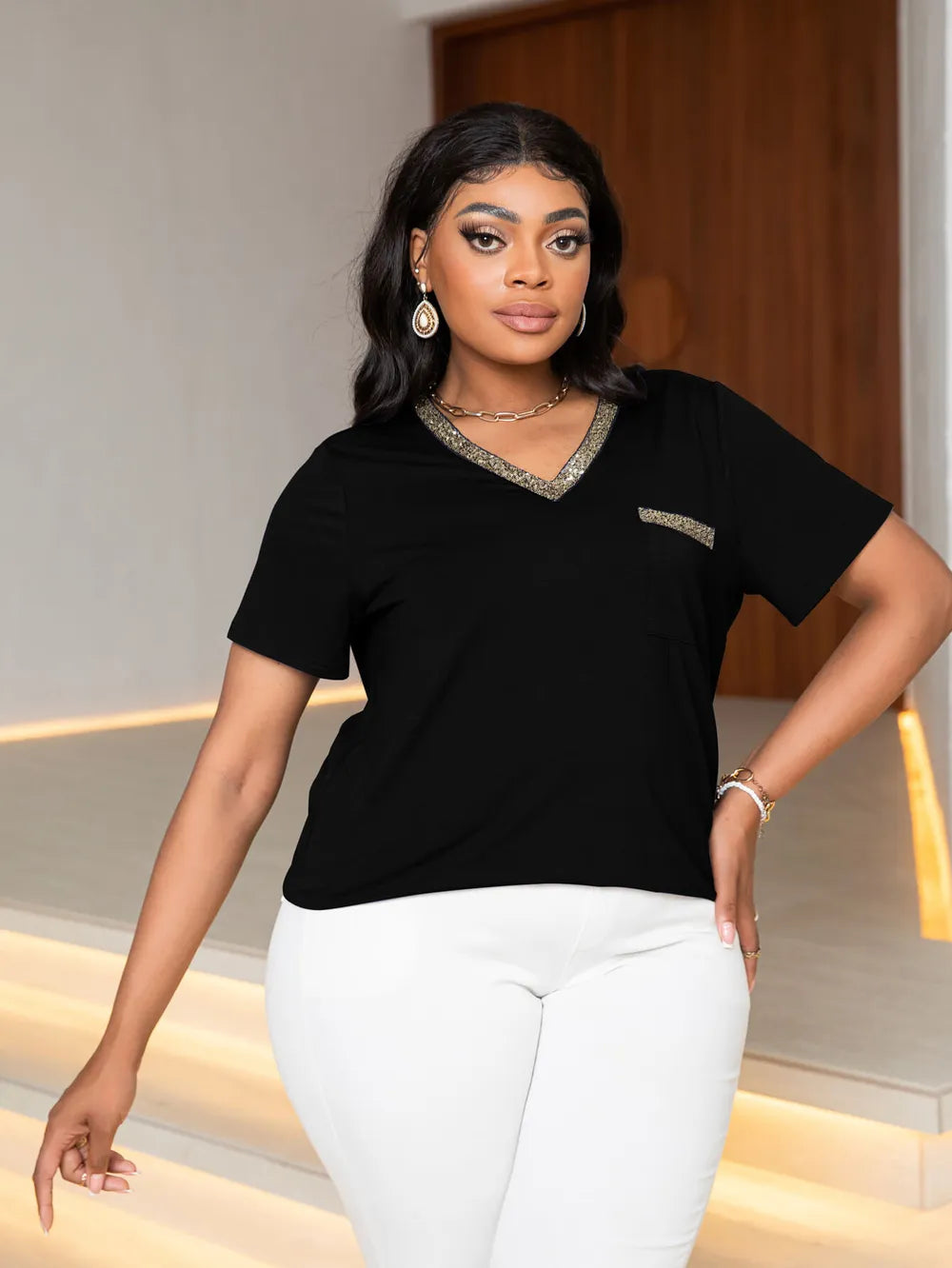 Plus Size Glitter V-Neck Short Sleeve Tee Shirt