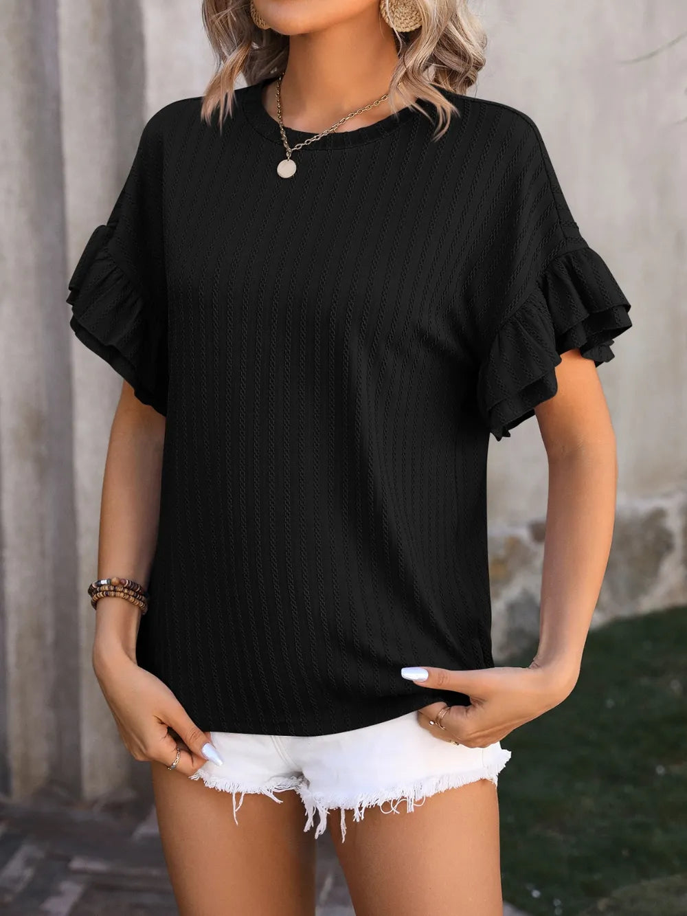 Ruffled Round Neck Short Sleeve Blouse