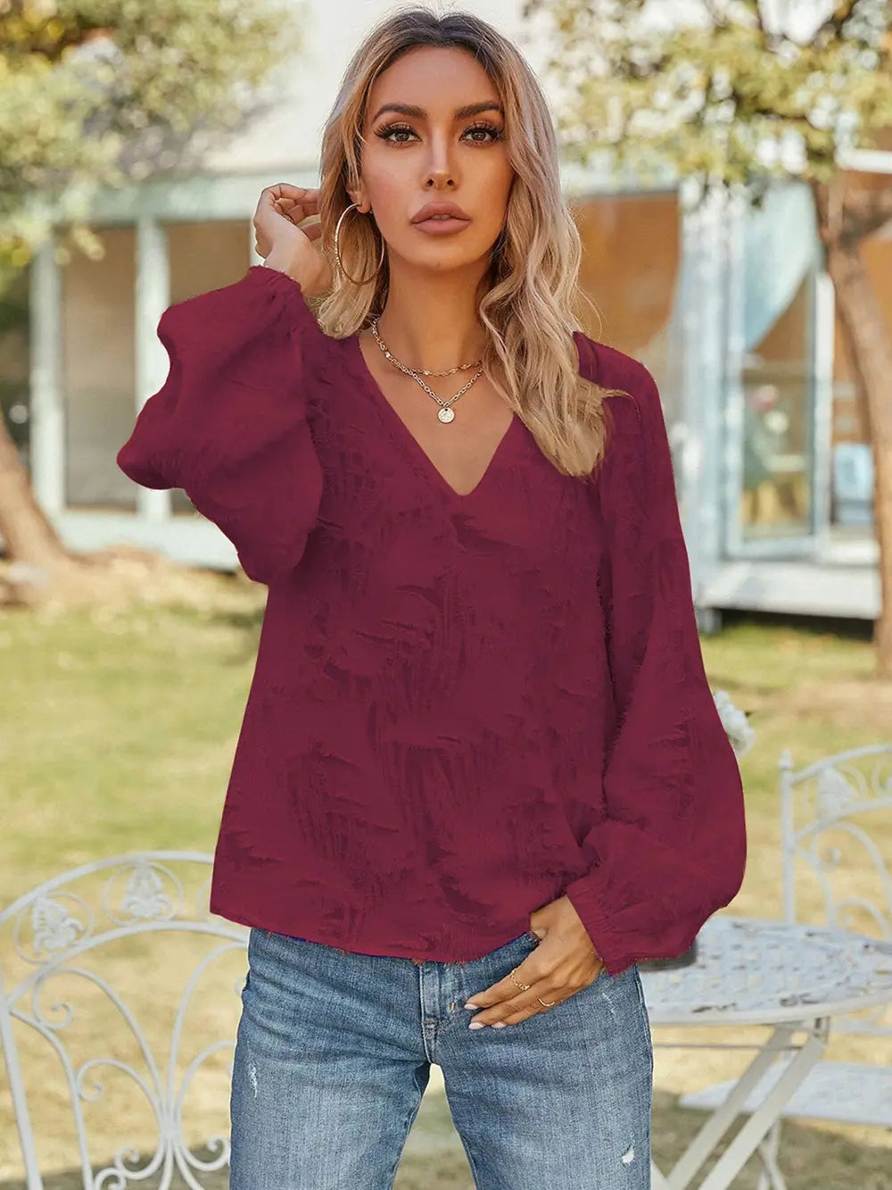 V-Neck Long Sleeve Blouse